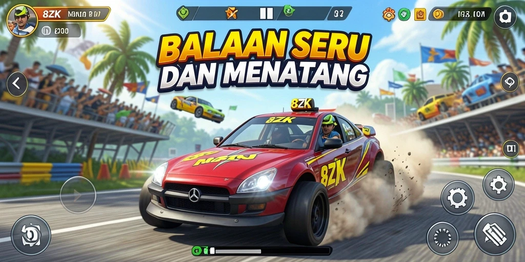 Tampilan menegangkan gameplay balapan di 8ZK yang seru.