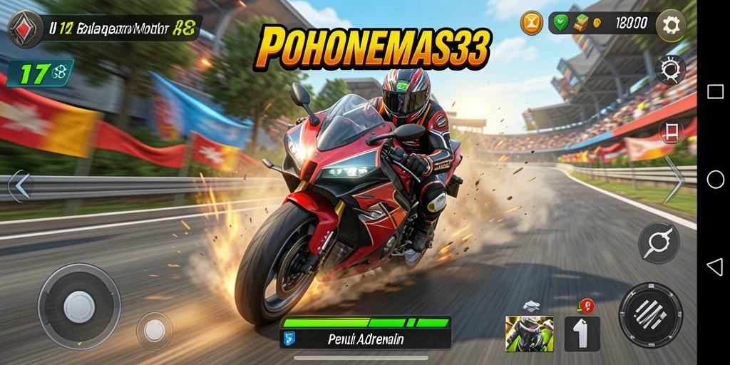 Screenshot gameplay POHONEMAS33 menampilkan balapan motor yang seru.