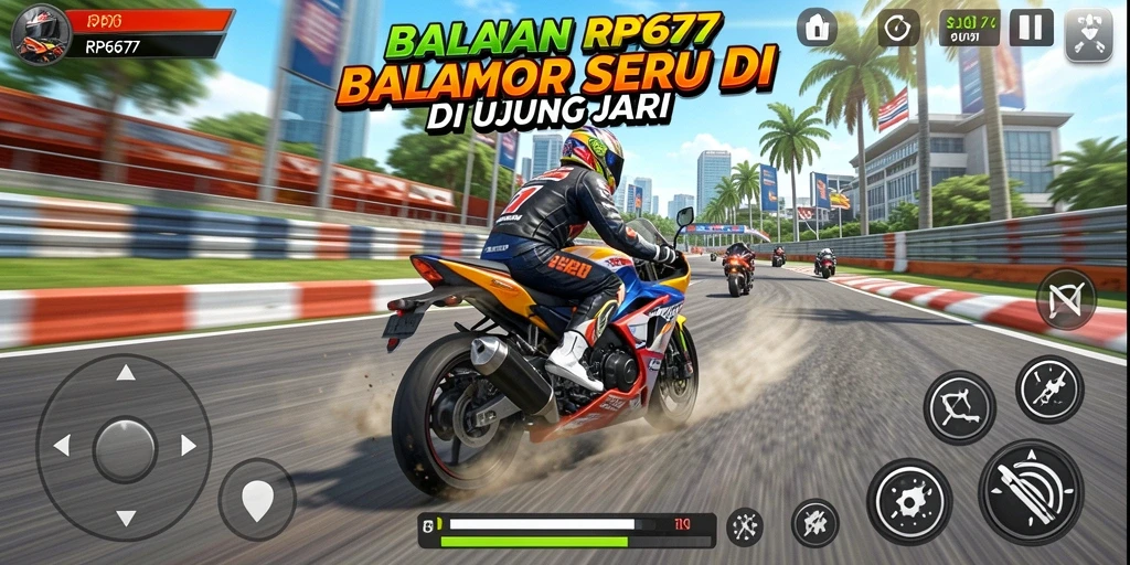 Tangkapan layar gameplay RP6677 menunjukkan aksi balap motor yang mendebarkan.